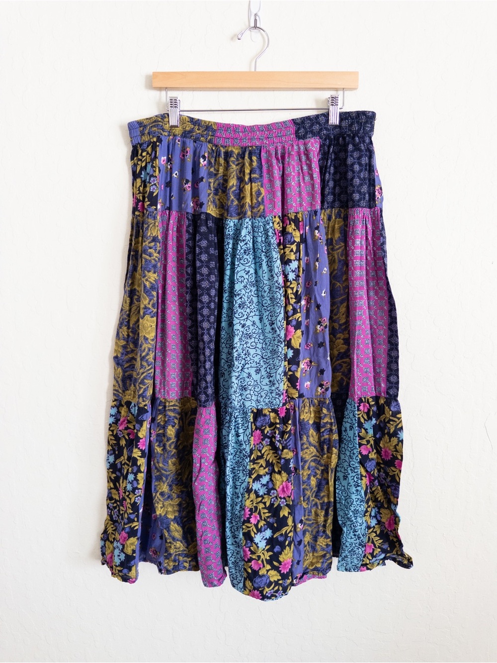 Vintage 90s Sag Harbor Patchwork Pull On Elastic Waist Midi Skirt Large Boho